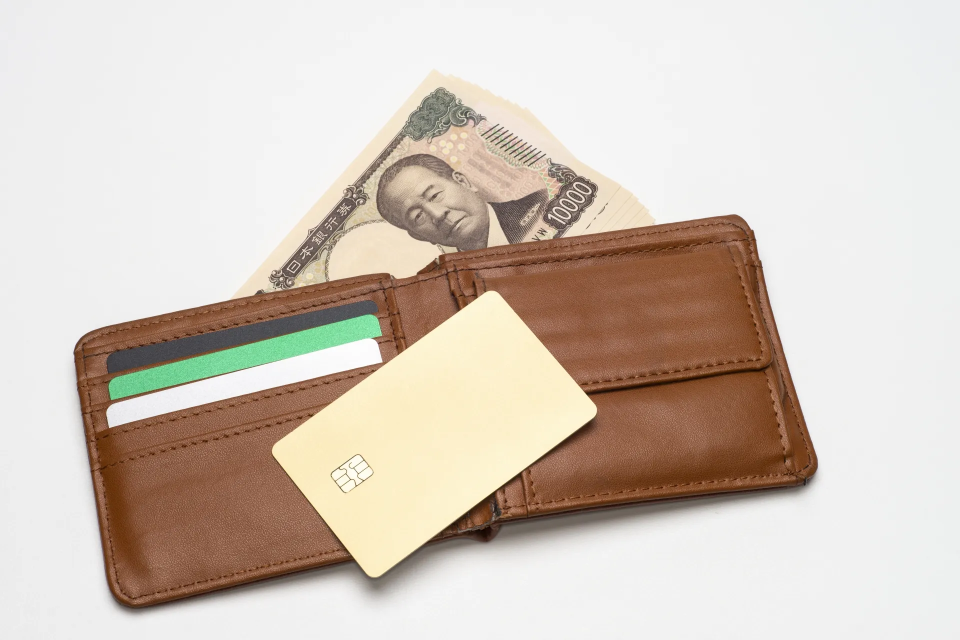 A leather wallet with 10,000 yen notes and cards
